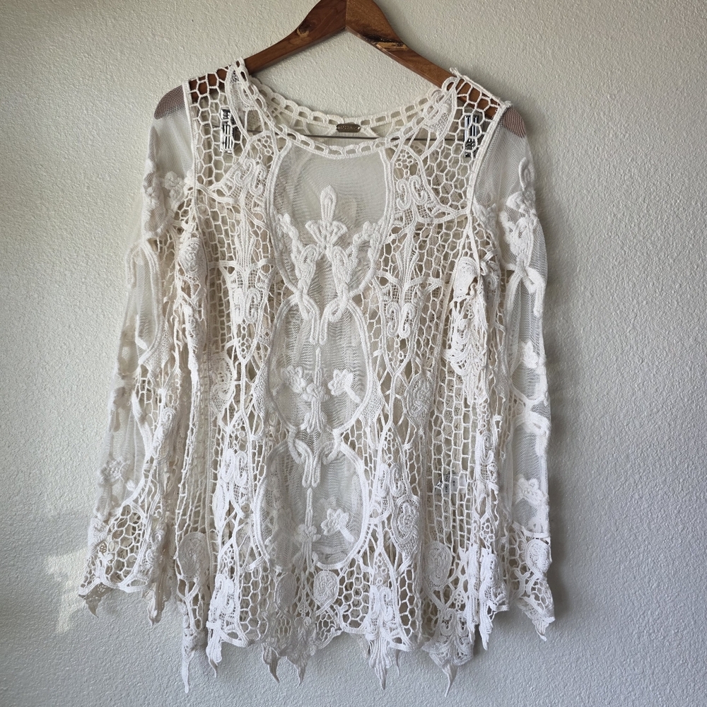 SORRENTO Top Womens Size S/M IVORY Crochet Mesh Lace Boho Hippie Festival